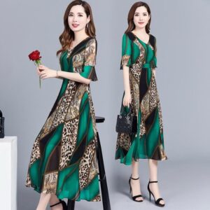 Women Elegant Print Knee-length Leopard Print Fashion Dress red