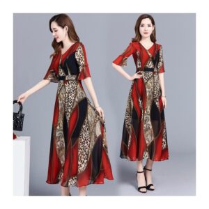 Women Elegant Print Knee-length Leopard Print Fashion Dress red